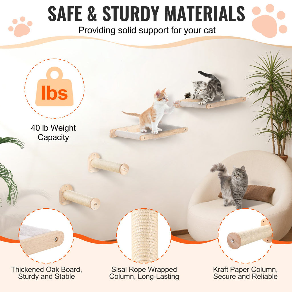 Wall Mounted Cat Shelves, Cat Wall Shelves And Perches With Jumping Posts & Hammocks, Cat Furniture Set Up To 40 Lbs, Removable & Washable Coral Fleece For Sleeping, Playing, Climbing, Set Of 4